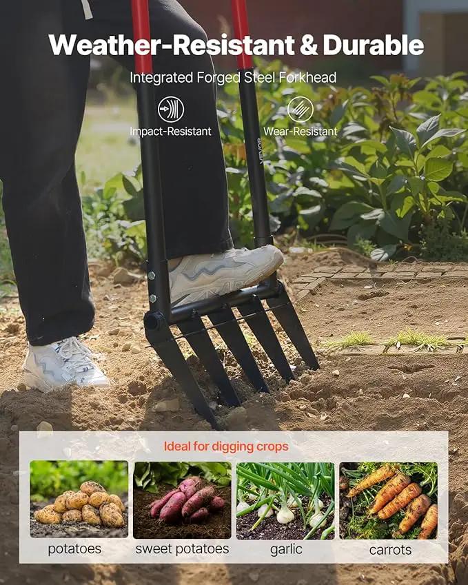 VEVOR Broad Fork, 5-Tine Pitchfork with Dual Fiberglass Handles, Heavy Duty Garden Fork, Ergonomic U-Shaped Design Broadfork Hand Tiller, Gardening Tool for Composting Transplanting Aeration by GreenHaven Gardens