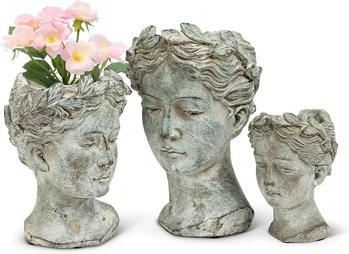Abbott Collection Goddess Head Planter - Small Cement Indoor and Outdoor Planter Pot - Grecian Woman Statue Head Planter for Flowers and Succulents (Grey, 3.5" Opening) by GreenHaven Gardens