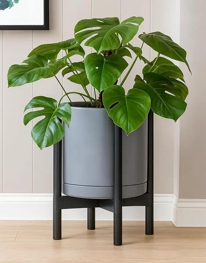 D'vine Dev Ceramic Planter with Ebony Stand - 12 Inch Modern Round Flower Pot with Wood Planter Holder, Grey, 55-B-H-3 by GreenHaven Gardens