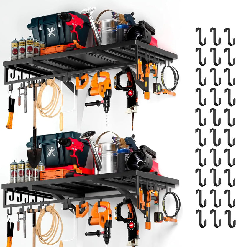 2pcs Garage Wall Shelving - 42in Extra Large Heavy Duty Floating Shelves with 30 Hooks, Load Capacity 1102 Lbs, Hanging Garage Storage Rack, Tool Hanger Organizer Utility Rack, For Home, Workshop by GreenHaven Gardens