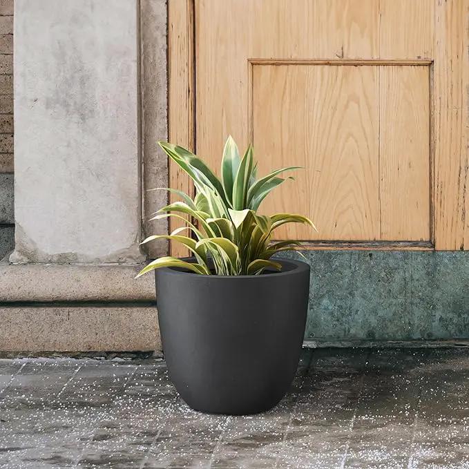 Kante 14 Inch Dia Round Concrete Planter, Indoor Outdoor Large Plant Pot with Drainage Hole and Rubber Plug for Home Patio Garden, Black by GreenHaven Gardens