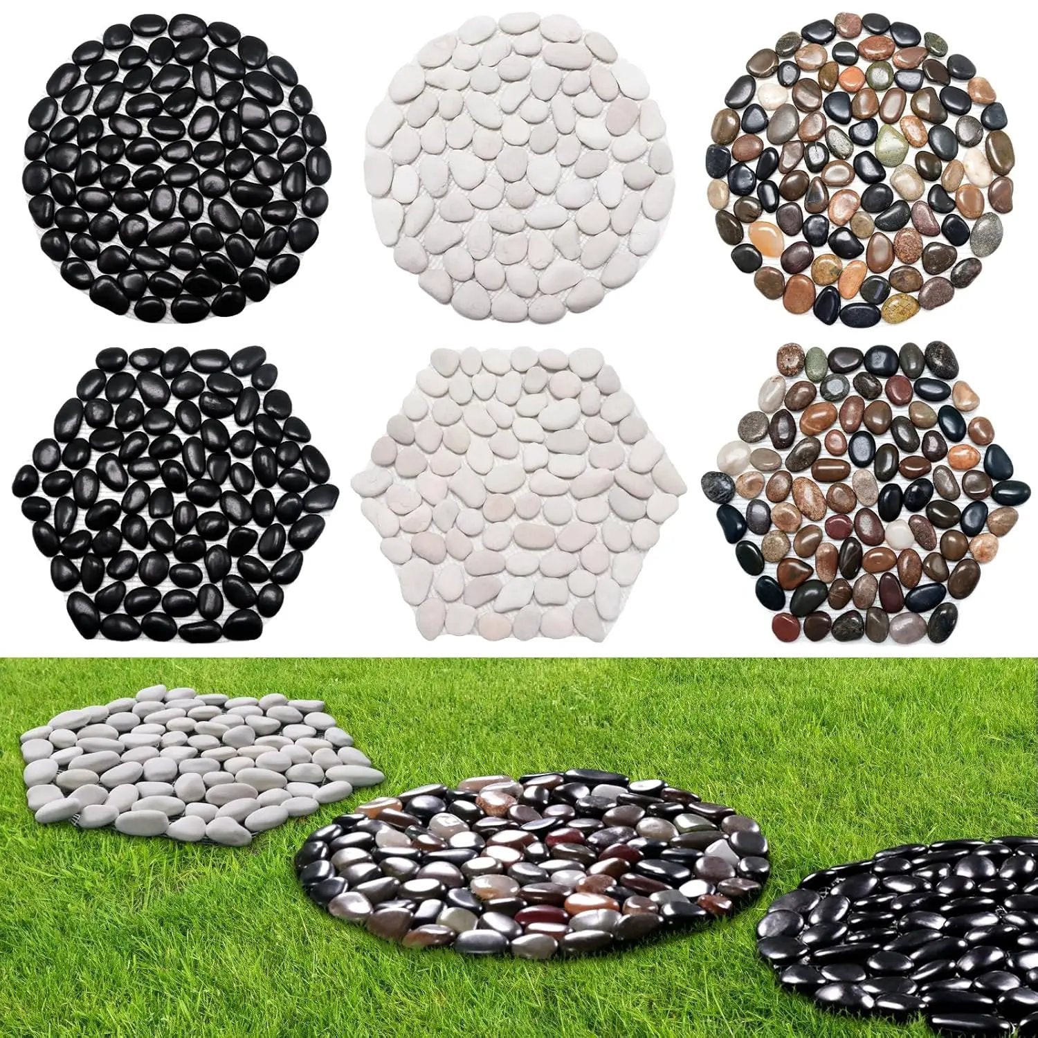 10in River Rock Stepping Stones Set - 6 Pack | Polished Pebble | Long-Lasting PVC Mesh Backing | Perfect for Garden Paths and Lawns Outdoor Landscaping Decoration | Rhombus and Round Set by GreenHaven Gardens