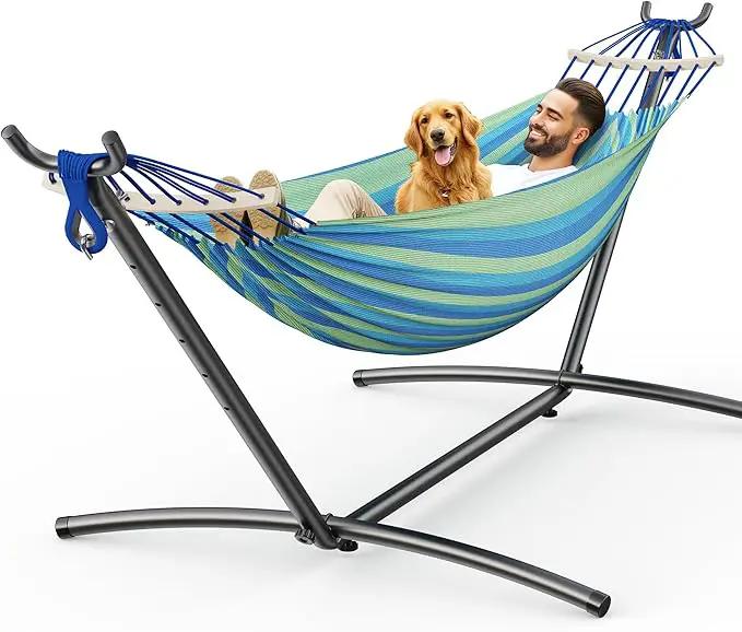 Double Hammock, Heavy Duty Portable, 500 lb Weight Capacity, Perfect for Both Indoors and Outdoors, 2 Person Hammock with Carrying Bag, Wide Blue by GreenHaven Gardens