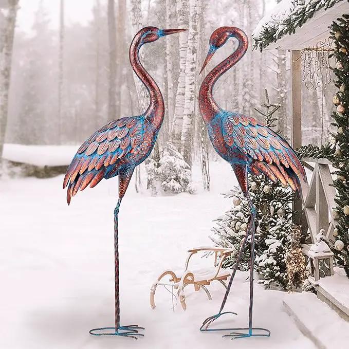 Kircust Garden Crane Statues Patina Heron Decoy, Standing Metal Crane Sculptures Bird Yard Art for Outdoor Decor, Set of 2 by GreenHaven Gardens