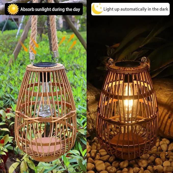 Solar Lantern Outdoor Waterproof Large Rattan Lanterns Decorative Bright Boho Lanterns Lights with Handle Rustic Hanging or Table Lamp for Fence Porch Garden Yard Wedding Decoration by GreenHaven Gardens