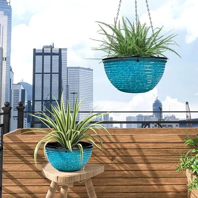 10 Inch Hanging Planter, 2 Pack Hanging Planters for Indoor Outdoor Plants Self Watering Hanging Pots with Drainage Holes for Garden Home (Snowflake Blue) by GreenHaven Gardens