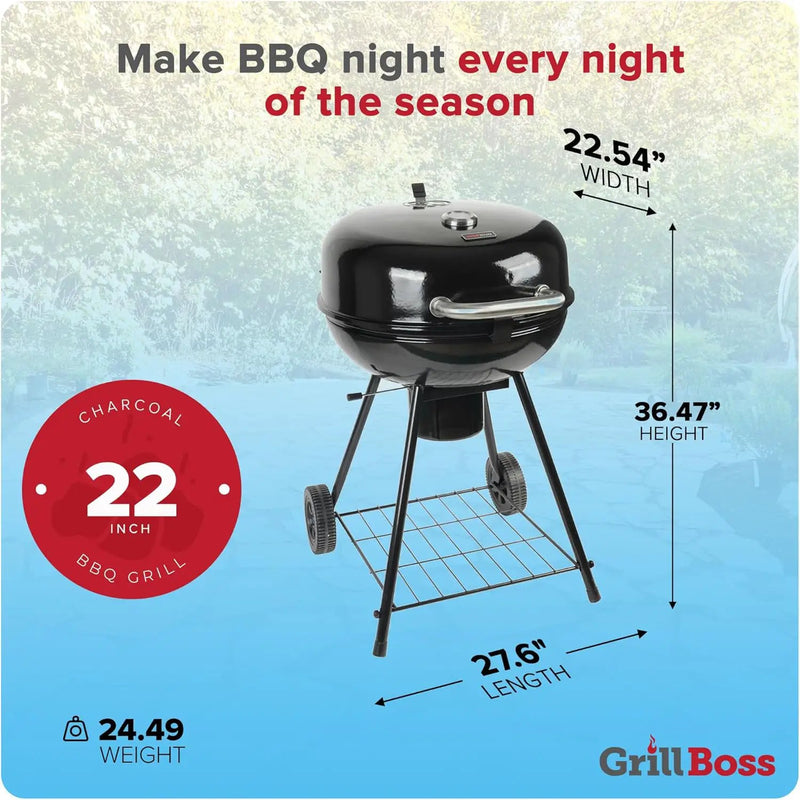 Grill Boss Charcoal Kettle Grill with Large 22-Inch Cooking Area - Includes Warming Rack, Bottom Storage Shelf, Ash Catcher & Wheels for Outdoor BBQ, Tailgating, Camping & Backyard Grilling by GreenHaven Gardens