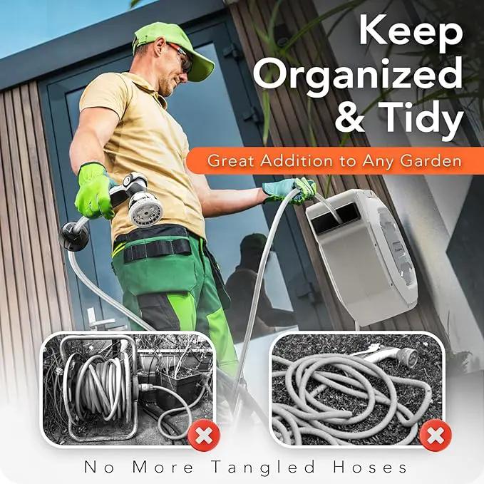 5/8" x 100 ft Heavy Duty Retractable Garden Hose Reel by HOZEREEL, Outdoor Garden Hose Reels - Self Retract Wall Mount Hose Reel Automatic Storage, 10 Pattern Nozzle, Grey by GreenHaven Gardens