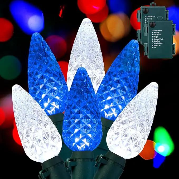 Brightown C6 LED Christmas String Lights - 2 Pack Each 20ft 60LED Battery Operated Strawberry String Lights with Timer and 8 Light Modes for Christmas Trees Wreaths, Indoor Xmas Decor, Blue and White by GreenHaven Gardens