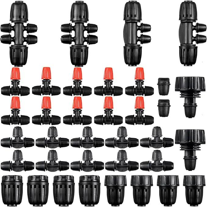 36 Pcs 1/2" to 1/4" Drip Irrigation Fittings Kit Barbed Tee Connector 2 4 6 Way Locked Tee Easy Connector Tubing End Plug Misting Nozzle Irrigation Hose Adapter for Lawn Plant System by GreenHaven Gardens