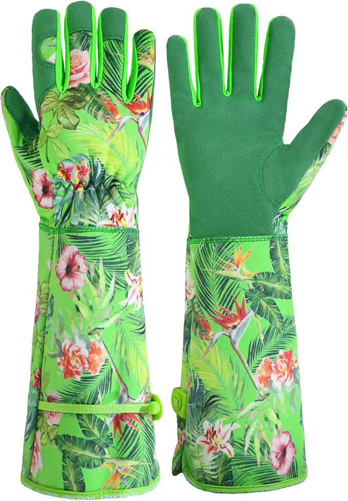 HANDLANDY Women Gardening Gloves, Thorn Proof Breathable Ladies Rose Pruning Long Gauntlet Floral Print Garden Yard Gloves, Gift for Gardeners (Green, XL) by GreenHaven Gardens