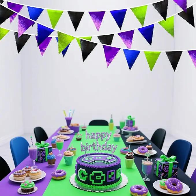Video Game Party Decorations Black Blue Green Purple Metallic Fabric Triangle Pennant Banner Flag Bunting for Men Boys Birthday Graduations Retirement Wedding Bachelorette Video Game Party Supplies by GreenHaven Gardens