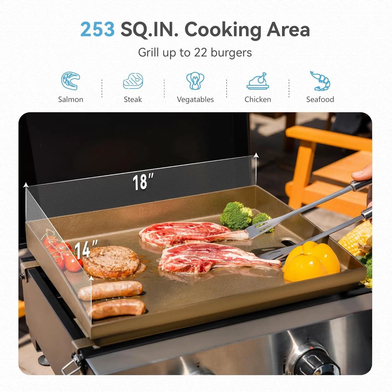 GREEN PARTY 2 Burner BBQ Propane Gas Griddle with Collapsible Stand, 18 Inch Portable Griddle with Side Table & 253 Sq. In. Cooking Area, Flat Top Gas Grill for Outdoor Cooking Garden Patio Backyard by GreenHaven Gardens