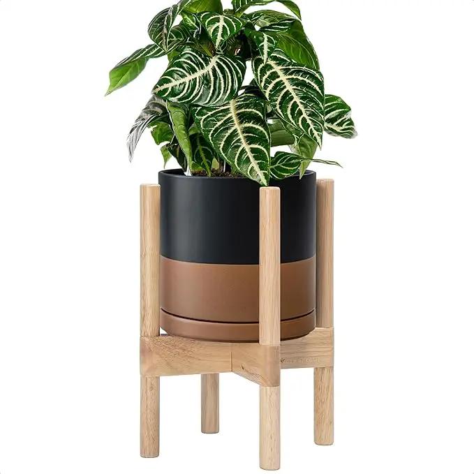 D'vine Dev Ceramic Planter with Natural Stand - 8 Inch Modern Round Flower Pot with Wood Planter Holder, Black/Speckled Tan, 55-B-N-7 by GreenHaven Gardens
