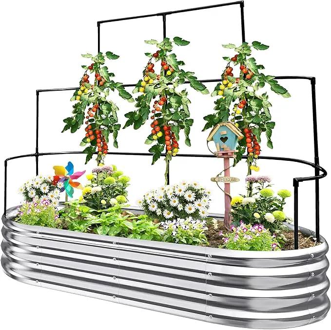 KING BIRD Raised Garden Bed with Wall Trellis Galvanized Planter Garden Box Outdoor for Gardening, Climbing Vegetables, Flowers 5.9x2.95x0.98 Ft, Silver by GreenHaven Gardens