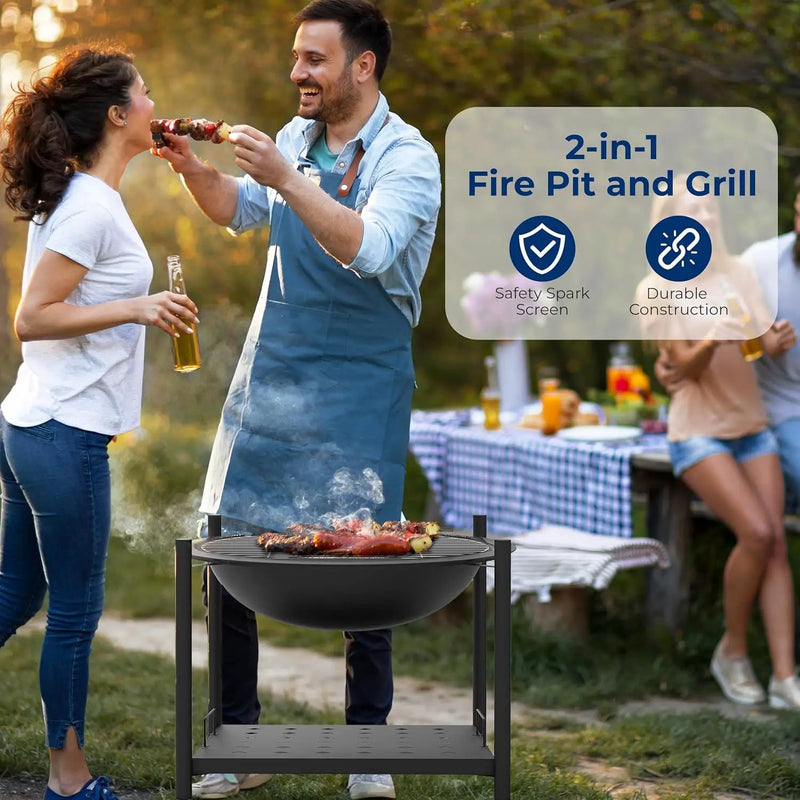 SereneLife Portable Outdoor Fire Pit - 2-in-1 Steel BBQ Grill and 26" Wood Burning Fire Pit Bowl with Mesh Spark Screen, Log Grate, Fire Poker, and Cover for Camping, Picnic, Bonfires by GreenHaven Gardens