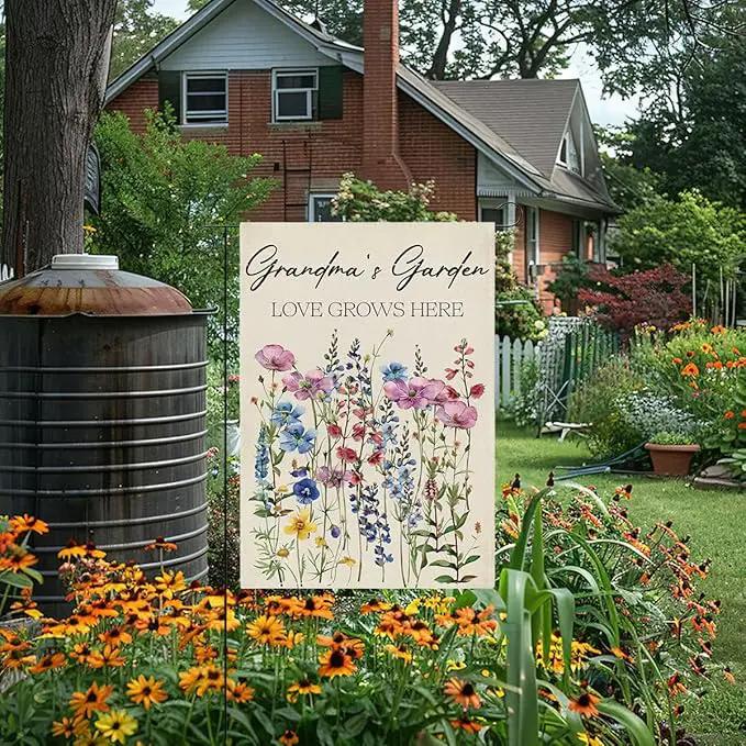 Grandma's Garden Flag Welcome Sign Love Grows Here Flag Gift Flower Decoration Small Double Sided Burlap art Stained Glass Style Garden Flags 12 x 18 Inch for Outside by GreenHaven Gardens