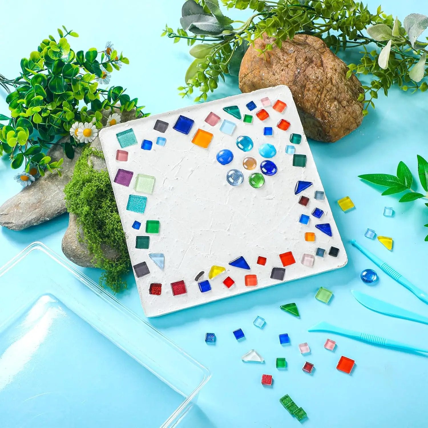 LOYIM 24 Pcs Stepping Stone Kit Includes Concrete Mold, Mosaic Tiles and Carving Tools, DIY Craft Handmade Stepping Stone Kit for Kids, Family, Garden Outdoor Decor, No Concrete Mix (Square,10 Inch) by GreenHaven Gardens