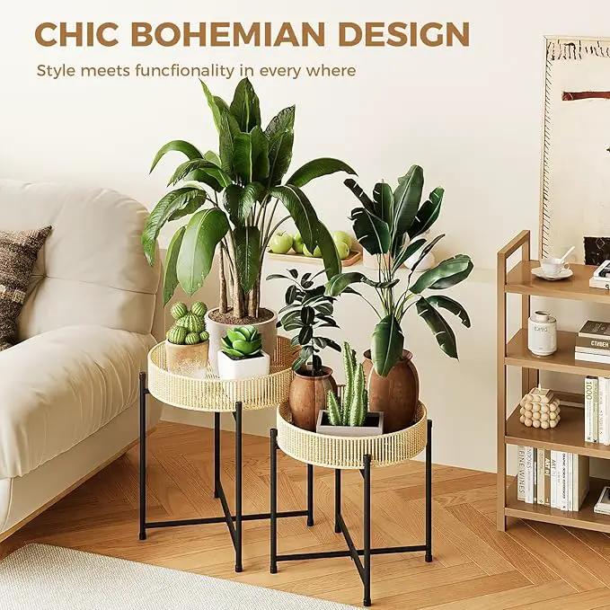 Bamworld Plant Stands Set of 2 Tall Plant Stand Indoor Rattan Plant Table for 5 Pots Plants Round Flower Stand Outdoor for Home Decor Balcony Patio by GreenHaven Gardens