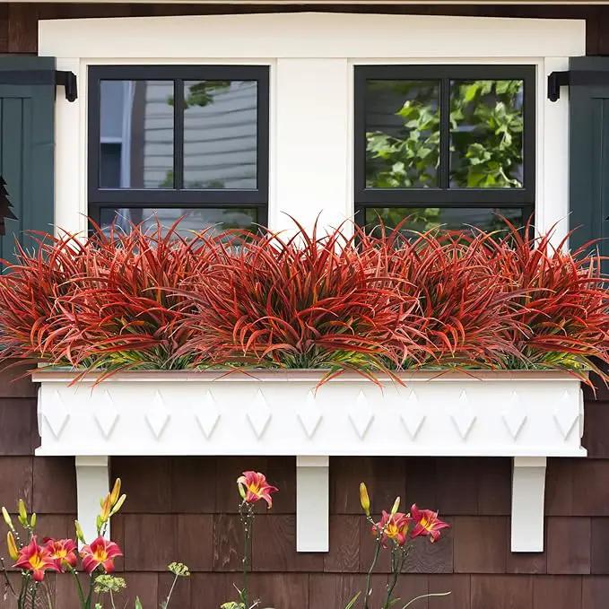 Uieke 12 Bundles Artificial Outdoor Plants UV Resistant Fake Grass Plants Faux Plastic Plants Greenery Shrubs for Home Garden Pathway Window Box Front Porch Cemetery Fall Decor, Autumn Red by GreenHaven Gardens