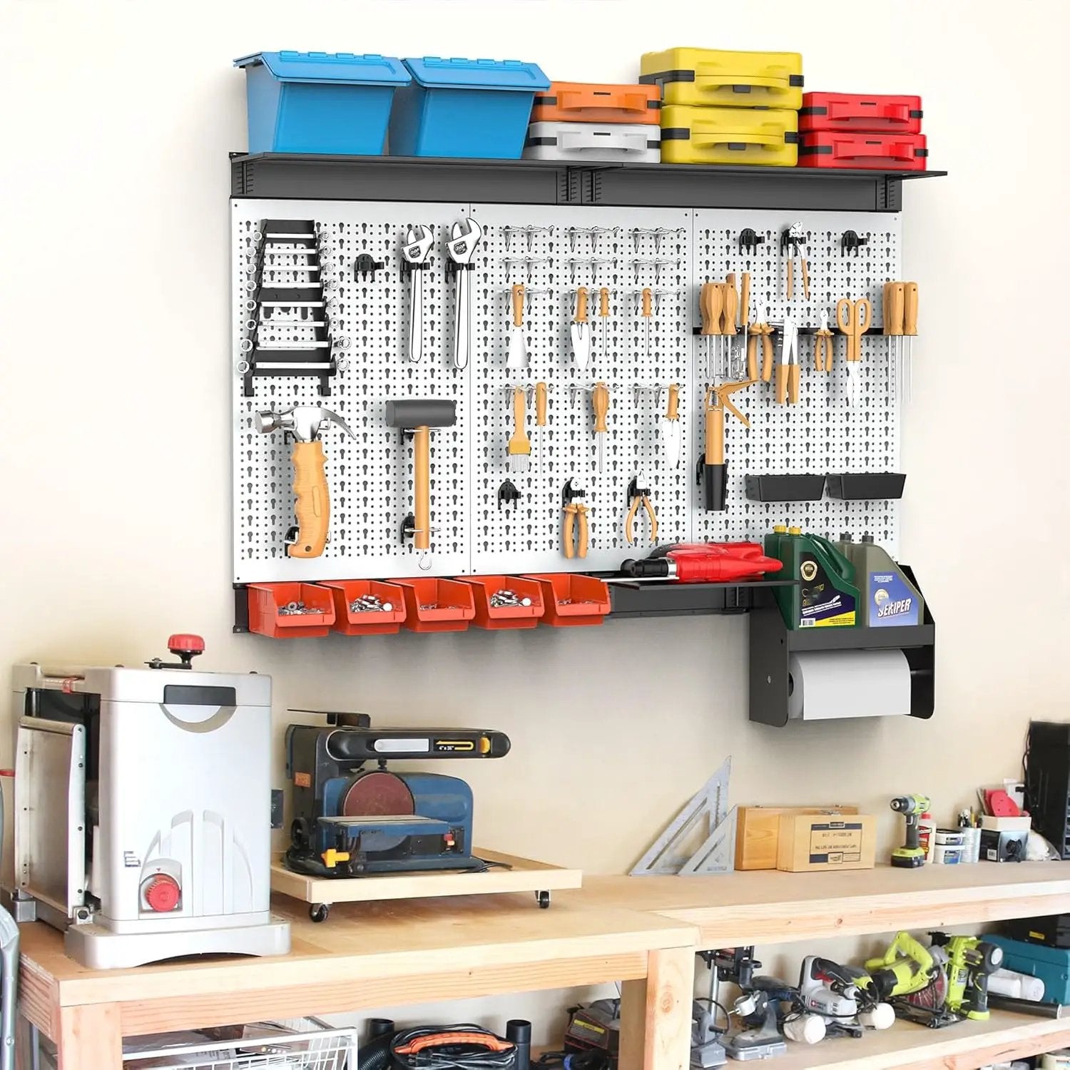TORACK Pegboard Wall Organizer 4 ft. Garage Metal Pegboard Tool Organizer System, Tools Storage Peg Board Kit with Hooks and Accessories, Wall Mounted Storage Bins, Overhead Shelves by GreenHaven Gardens