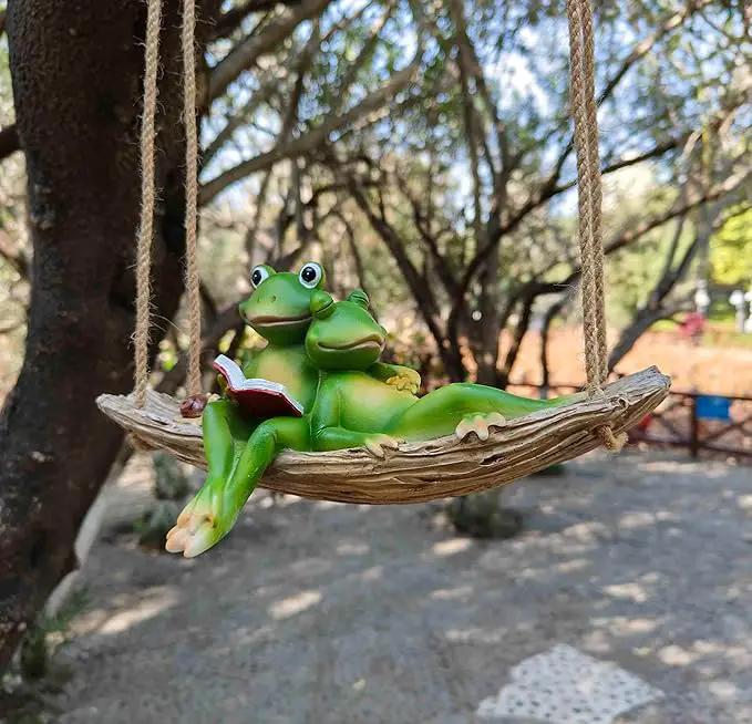 Artisan Flair Hanging Swing Frog Statues - Frog Statues for Garden Outdoors, Reading Book Frog Statue Figurine, Resin Couple Frog Statue for Garden, Balcony, Tree Decoration by GreenHaven Gardens