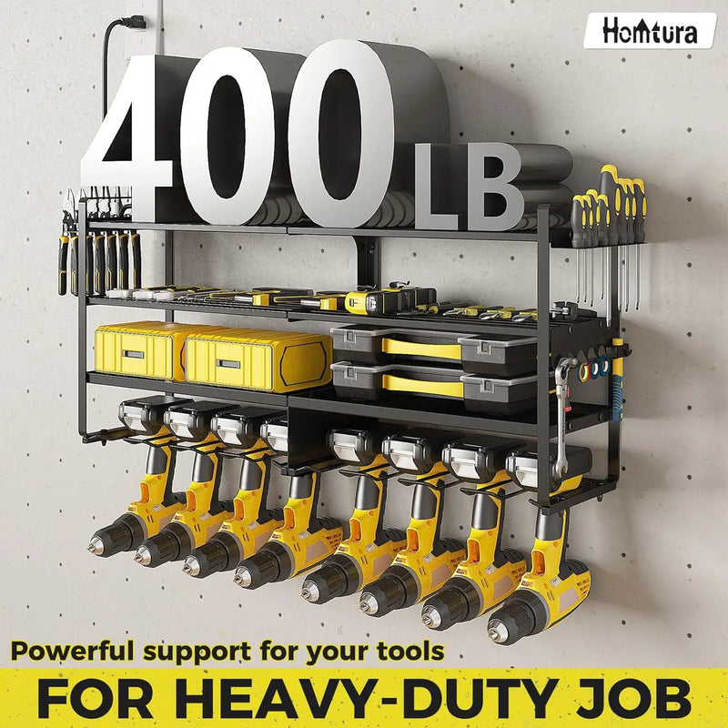 ‌Heavy Duty 4-Layer Power Tool Organizer Wall Mount with 8 Outlet Power Strip- Holds 8 Cordless Drills, 400lbs Capacity Metal Garage Storage Rack‌ by GreenHaven Gardens