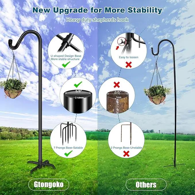 Gtongoko Shepherds Hook for Outdoor, 76 Inch Bird Feeder Pole with 7 Prongs Base, 5/8 Inch Thick Heavy Duty Adjustable Garden Hook for Hanging Plant, Hummingbird Feeder, Lantern, 2 Pack by GreenHaven Gardens