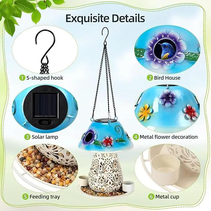 Mushroom Solar Bird Feeders for Outdoors Hanging Metal Wild Bird Feeder Garden Lantern with S Hook for Garden Decoration Blue by GreenHaven Gardens