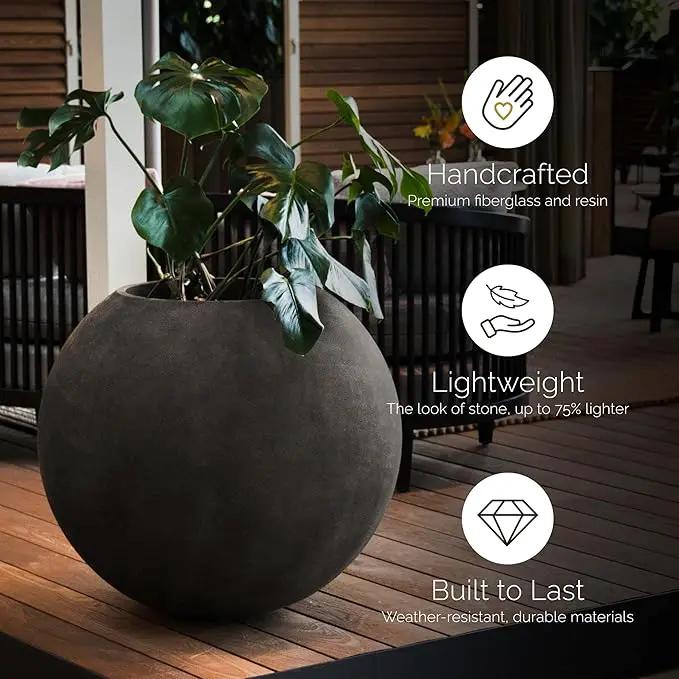 Orbo Large Planter – Fiberglass Indoor/Outdoor and Weather-Resistant Globe Planter (Grey Stone, 35.4" D x 31.3" H) by GreenHaven Gardens