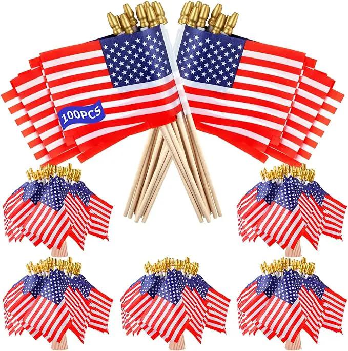 100pcs Small American Flags on Stick, Handheld 8 x 5.5 Inchs Mini American Flags with Kid-Safe Golden Spear Top, US Flags for 4th of July Decorations Outdoor, Independence Day Decorations by GreenHaven Gardens