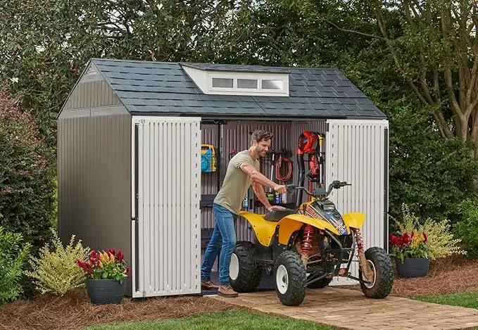 Rubbermaid Extra Large Resin Outdoor Storage Shed With Floor (7 x 10.5 Ft.) Weather Resistant Brown Organization for Home/Lawn Mower/Backyard Equipment/Bike Storage/Pool Supplies by GreenHaven Gardens