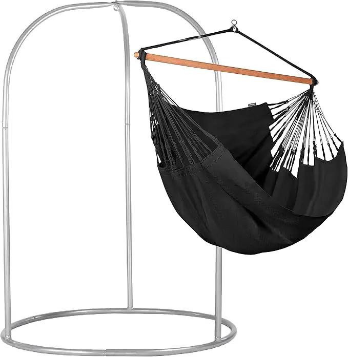 LA SIESTA - XL King Habana Cotton Hammock & Romano Steel Stand - Indoor Outdoor Hanging Chair Swing for Bedroom Porch Balcony - Boho Hanging Chair - Onyx by GreenHaven Gardens