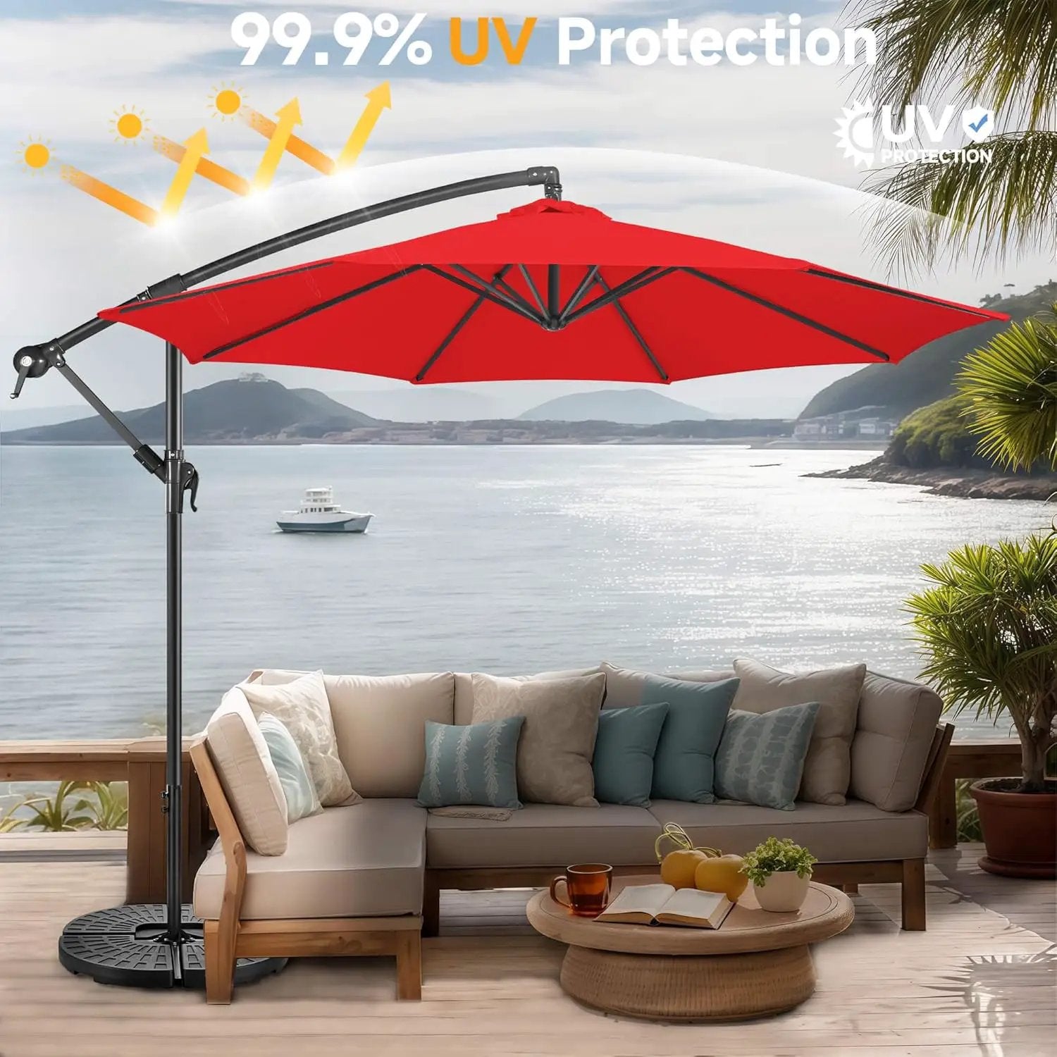 FLAME&SHADE 10ft Cantilever Patio Umbrella Outdoor, Large Offset Umbrella with Crank and Cross Base, UPF 50+ UV Protection Hanging Umbrella for Pool Deck Garden, Red by GreenHaven Gardens
