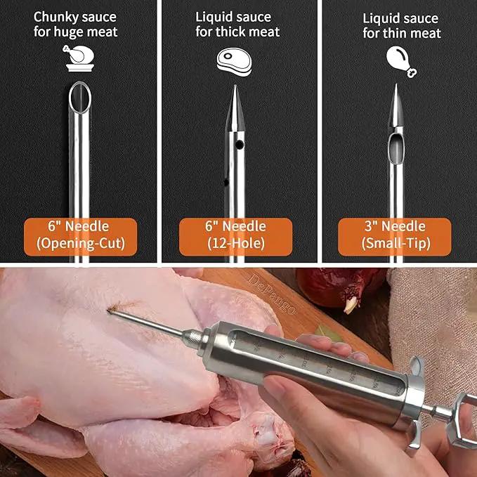 Meat Injector, Stainless Steel Marinade Injector Flavor Syringe Kit with 2-oz Measurement Window for Smoker Food BBQ Grill, Cooking Turkey Chicken Steak Beef Brisket Pork-Chops, 3 Meat Needles by GreenHaven Gardens