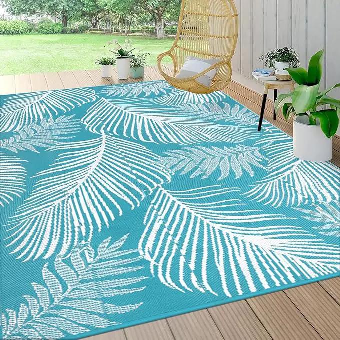 Pauwer Waterproof Outdoor Rug 8x10, Reversible Plastic Straw Patio Camping Rug, Indoor Outdoor RV Mat Carpet for Deck, Camper, Porch, Balcony, Backyard, Picnic, Leaf Teal by GreenHaven Gardens