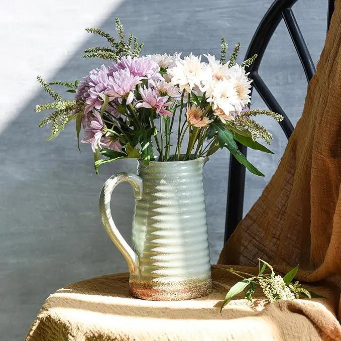 Quoowiit Ceramic Rustic Vase with Handle, Green Distressed Decorative Farmhouse Pitcher Vase for Home Decor Living Room Bedroom Kitchen Office Shelf Decor Centerpiece Table Decoration by GreenHaven Gardens