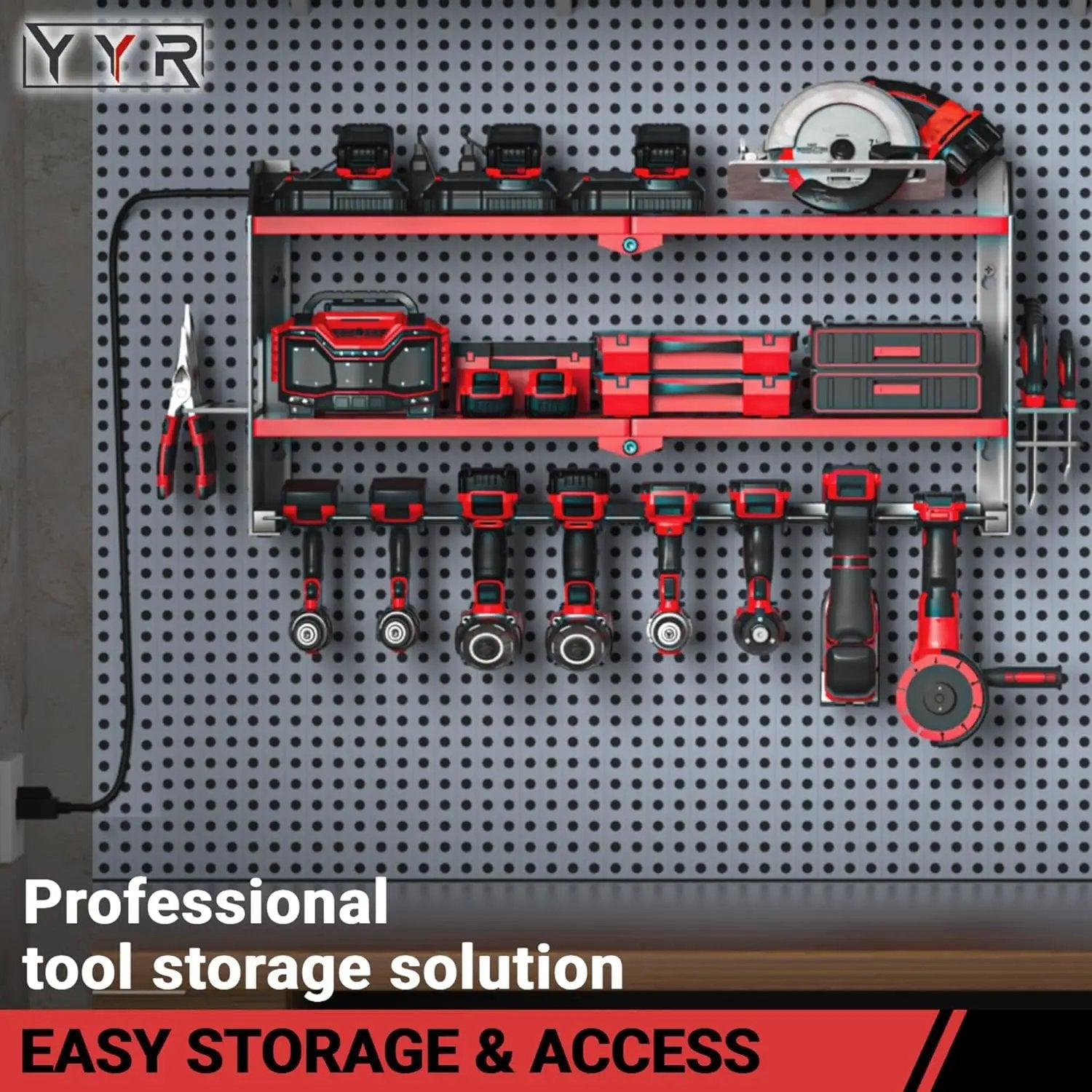 YYR Power Tool Organizer with Charging Station Wall Mount, Cordless Drill and Battery Holder for Garage Organization, Electric Tools Storage Rack Build in Surge Protection Power Strip - Red Shelf by GreenHaven Gardens