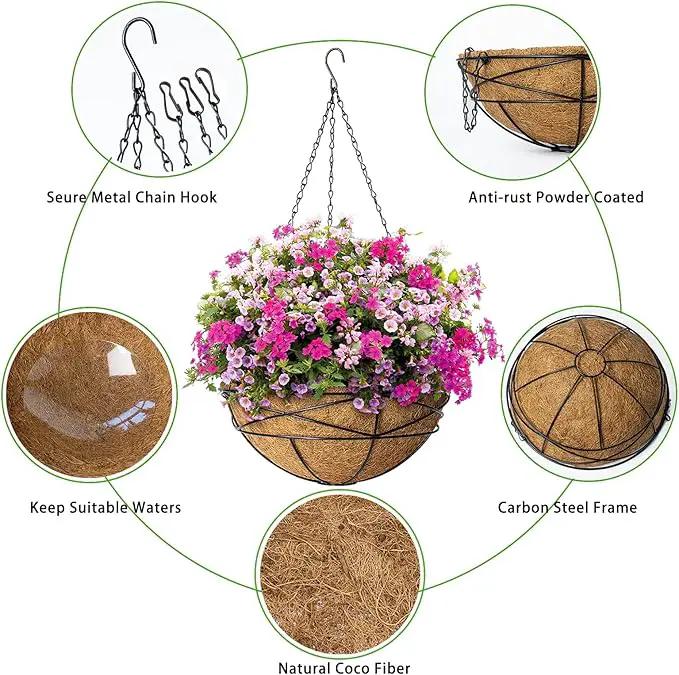 4 Pack 12 Inch Hanging Planters for Outdoor Plants Metal Watering Flower Baskets with Coco Liner for Hanging Pot Round Plant Holders Planter for Outside Garden Decoration by GreenHaven Gardens