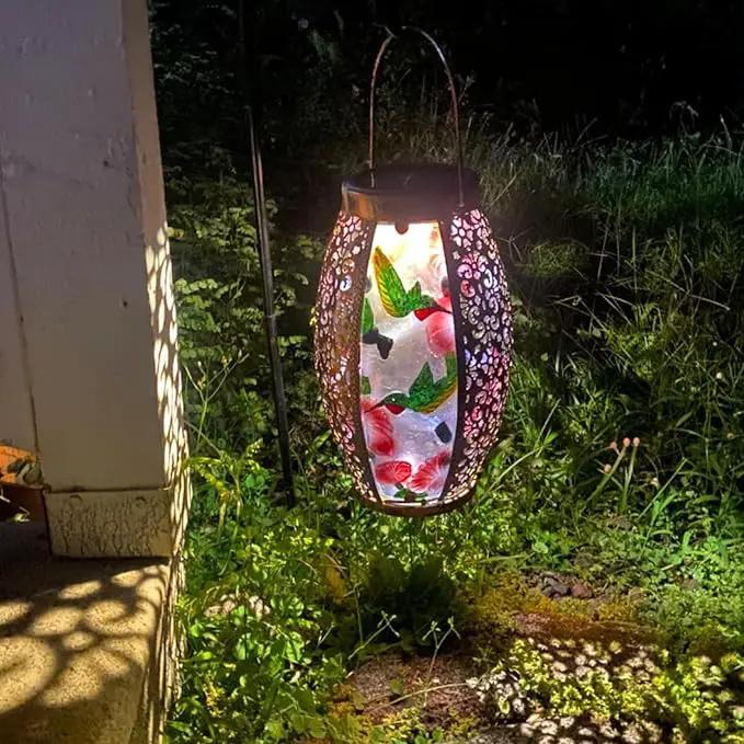 Hummingbird Solar Lanterns Glass & Metal Hanging Lantern Outdoor Waterproof 16" H Tabletop Light with Hollowed-Out Design for Garden Patio Table Decor Mother's Day Gift by GreenHaven Gardens