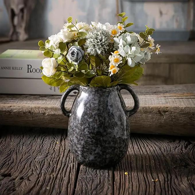 Black Ceramic Vase with 2 Handles, Modern Farmhouse Decor, Rustic Terracotta Pottery, Decorative Flower Vases, Clay Small Vase, Centerpiece for Dining Table - 7 Inch Tall by GreenHaven Gardens