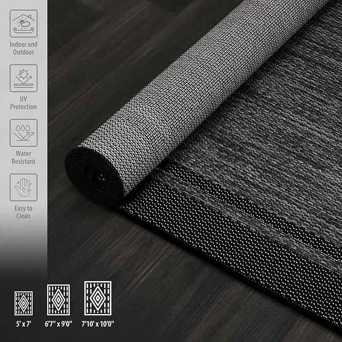 CAMILSON Indoor Outdoor Rug, 8x10 Bordered Dark Gray Black Modern Area Rugs for Indoor and Outdoor Patios, Kitchen and Hallway Mats, Washable Porch Deck Outside Carpet (Bordered Black, 8 x 10) by GreenHaven Gardens