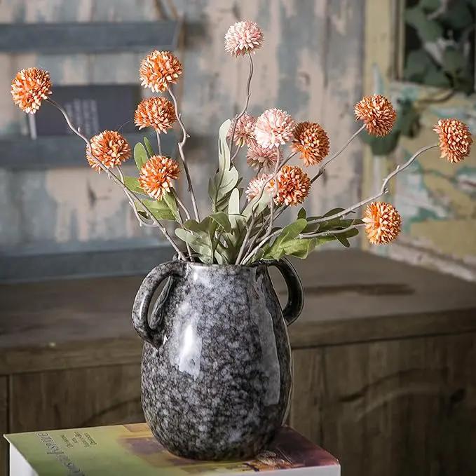 Black Ceramic Vase with 2 Handles, Modern Farmhouse Decor, Rustic Terracotta Pottery, Decorative Flower Vases, Clay Small Vase, Centerpiece for Dining Table - 7 Inch Tall by GreenHaven Gardens