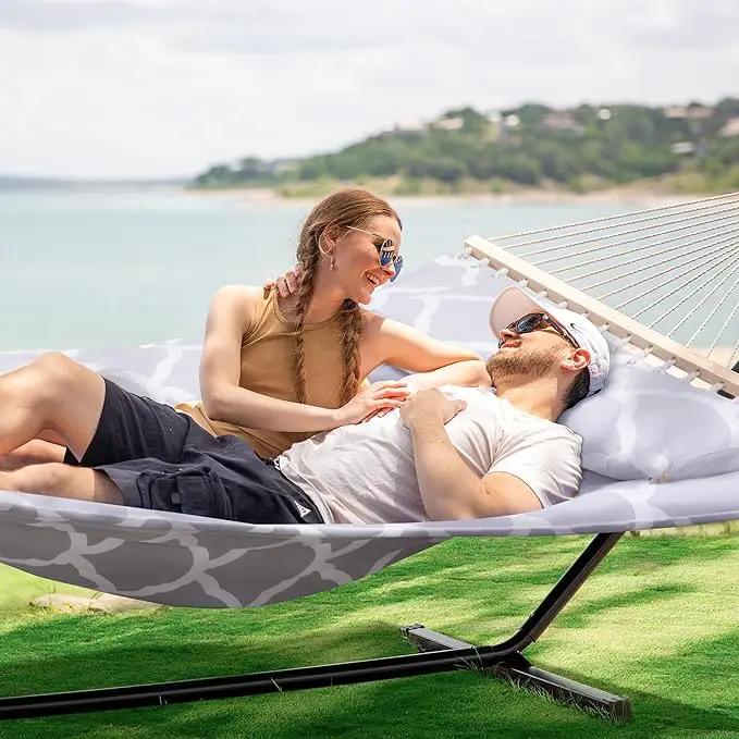 SUNCREAT Double Hammock, Extra Large Quilted Fabric Swing with Hardwood Spreader Bars & Detachable Pillow, Heavy Duty, Perfect for Indoor/Outdoor Patio, Deck, Yard, Gray Cloud by GreenHaven Gardens
