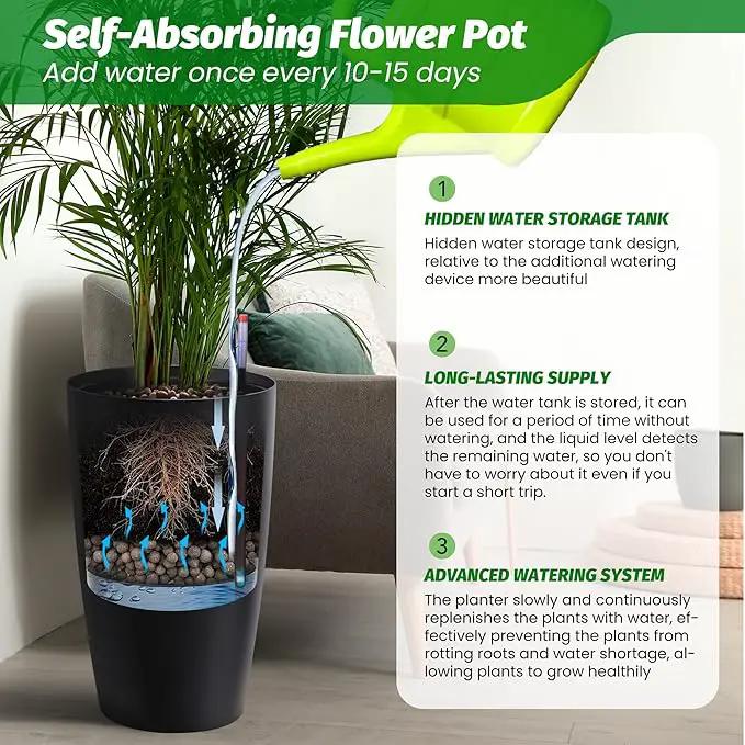 22" Tall Round Planter Set of 2, Self Watering Pots for Indoor Plants, Large Flower Pot Outdoor with Built-in Drainage and a Water Level Monitor, for Patio, Porch, Living Room, or Home Office, Black by GreenHaven Gardens