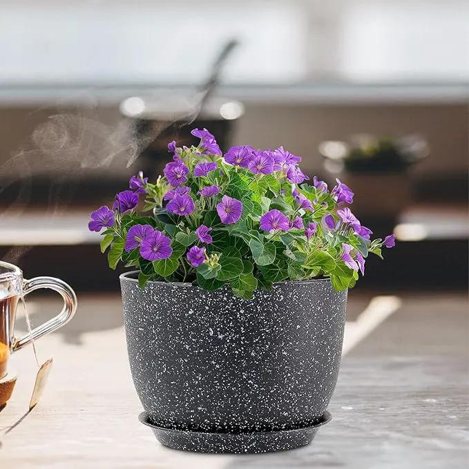 12 inch Big Plant Pots, Plastic Planters with Drainage Holes and Trays, Large Flower Pots for Indoor Outdoor Plants, Modern Decorative Pots for Garden House Plants, Speckled Black by GreenHaven Gardens