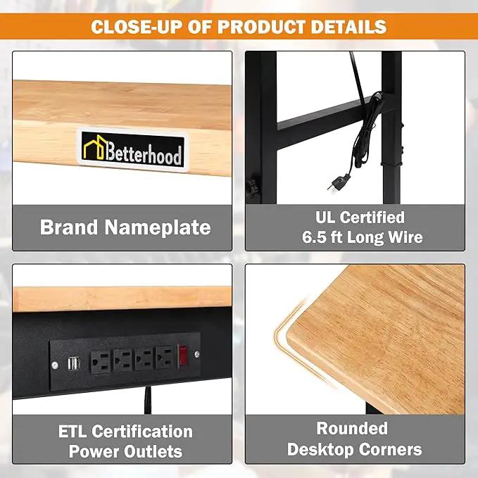 Adjustable Height Workbench, 48" Rubber Wood Top Heavy Duty Workstation with Power Outlets, 2000 LBS Load Capacity Hardwood Worktable for Workshop, Garage, Office, Home, Commercial by GreenHaven Gardens