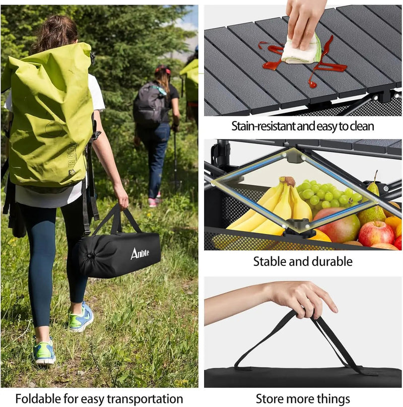 Folding Camping Table, Aluminum Roll Up Camping Table Adjustable Height with Storage Net and Bag, Lightweight Outdoor Table 32.2” X 16”, for Outdoor Travel BBQ Party Picnic, Black by GreenHaven Gardens