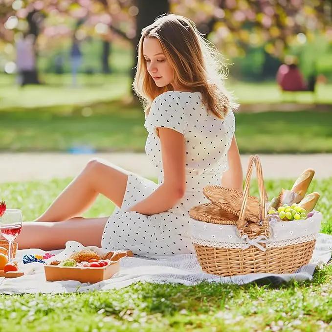 Happypicnic Wicker Picnic Basket with Handle, 15" Large Empty Picnic Basket with Lid & Removable Liner, Vintage Hand Woven Basket for Picnics, Camping, Veg Picking, Mother'S Day, Thanksgiving (Flower) by GreenHaven Gardens