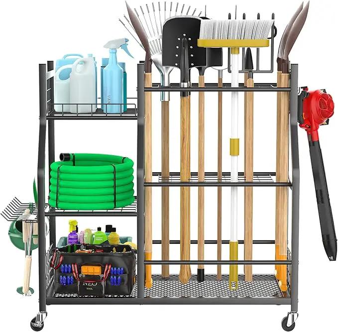 WALMANN Garden Tool Organizer with Wheels for Garage, Large Storage Capacity, Rakes/Shovels/Yard Tools Storage Stand for Shed, Garden, Indoor/Outdoor Long-Handled Tools Rolling Cart by GreenHaven Gardens